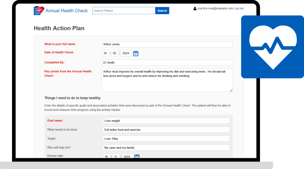 Annual Health Checks Health Action Plan creation screenshot